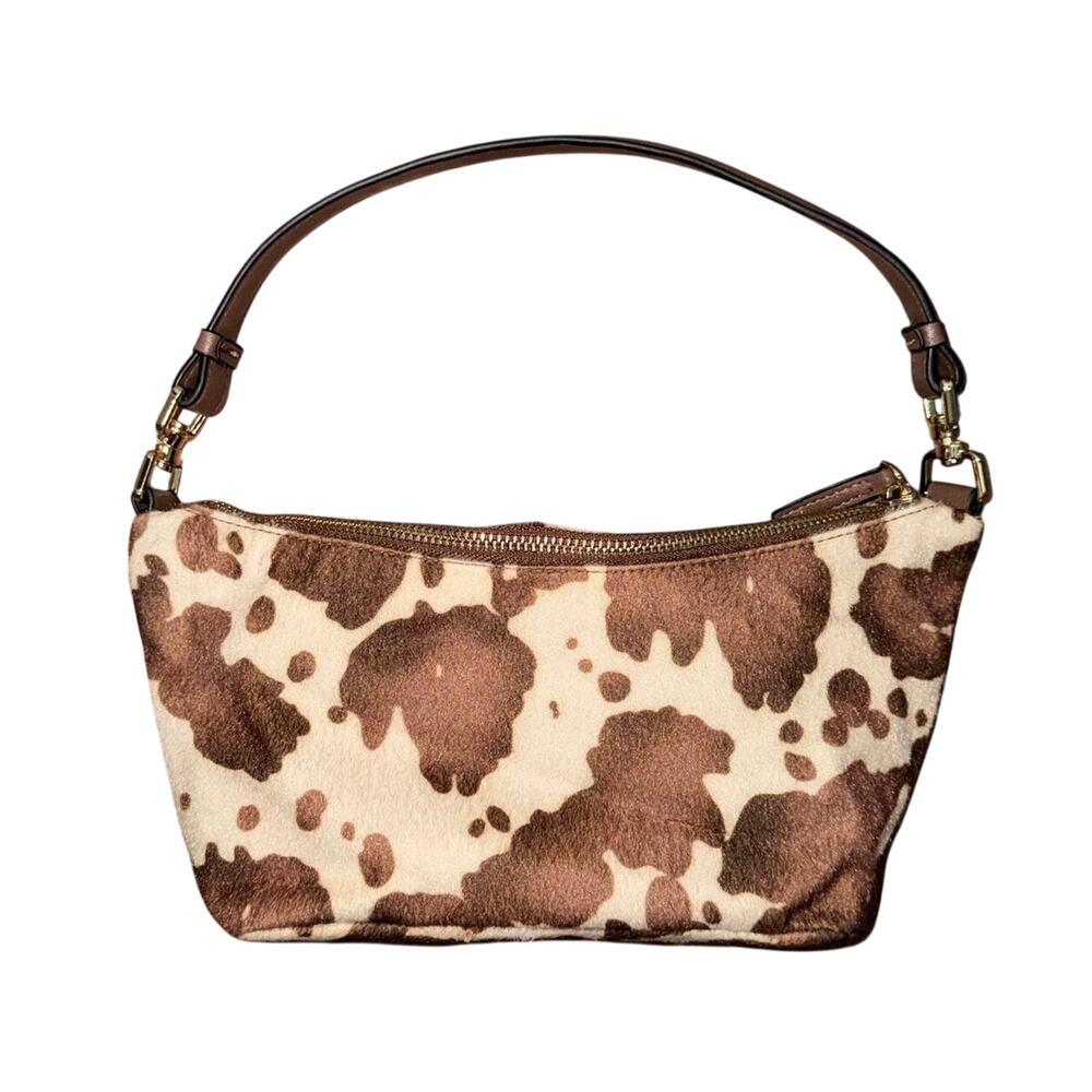 Nine West Brown Cow Print Faux Hair Calf Baguette Shoulder Bag